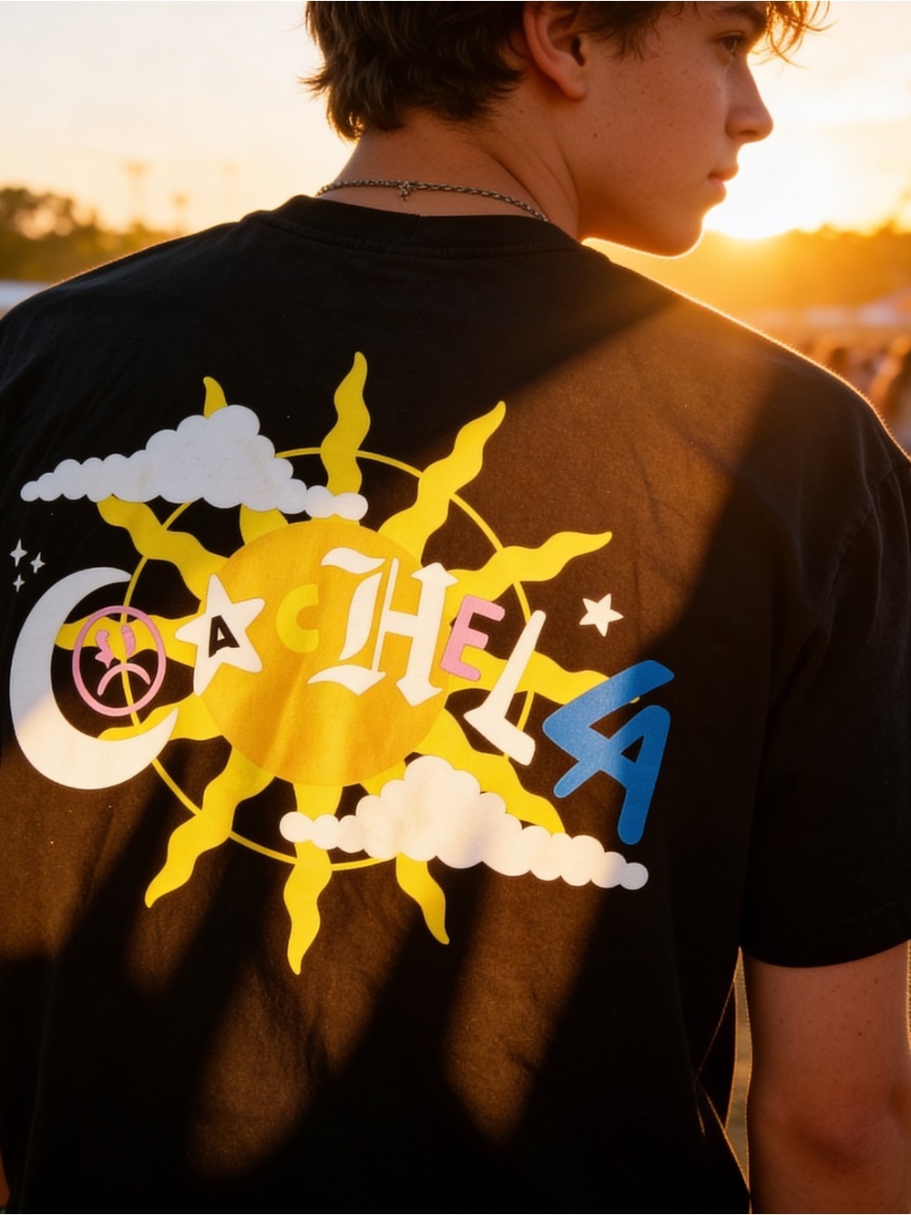 Coachella Black Short-Sleeve Graphic Tee - Yellow/Blue Sun Print